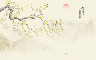 新中式国画工笔花鸟画背景墙