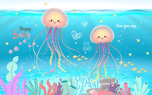 海底世界可爱卡通水母儿童房背景
