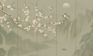 新中式兰古风水工笔花鸟画背景墙