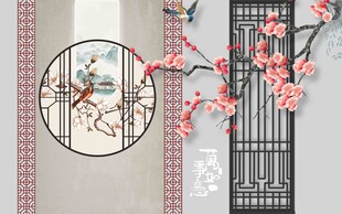 中式窗景下的繁花景致