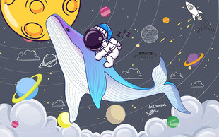 可爱太空人鲸鱼儿童房背景墙