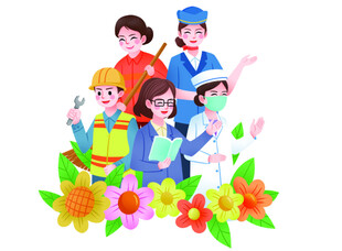 多彩职业人物与花卉图案