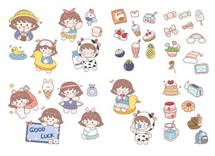 可爱卡通女孩日常元素贴纸