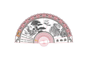 中式古典扇形图案设计迎客松