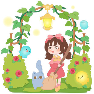 春天小女孩玫瑰园打扫卫生插画