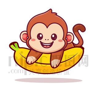 可爱卡通趴在香蕉上的猴子