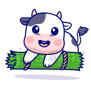 可爱卡通趴在草上的奶牛
