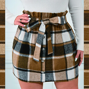 格子系带高腰半身裙