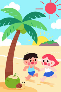 矢量插画在沙滩上玩耍的孩子卡通