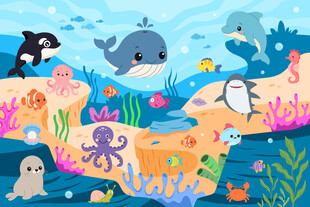 海底世界可爱海洋生物珊瑚背景墙