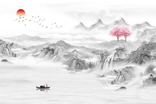 新款新中式复古国潮黑白风景水墨