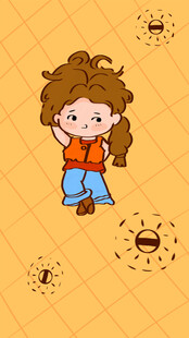 扎辫女孩在黄色背景玩耍