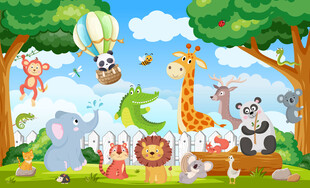 可爱动物世界卡通丛林儿童背景墙