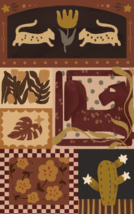 中古风复古猎豹花卉装饰插画