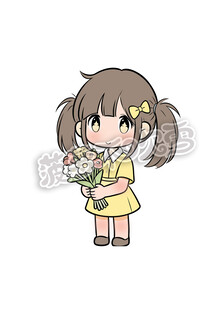 手持花束的可爱卡通女孩