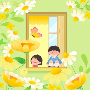 春天小花园油菜花大自然儿童插画