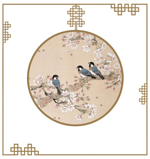 圆形花鸟图双鸟栖于枝头