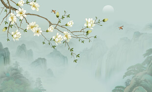 新中式工笔花鸟画背景墙