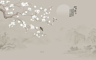 新中式山水情花鸟画背景墙