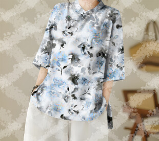 中式水墨风数码印花 手绘花