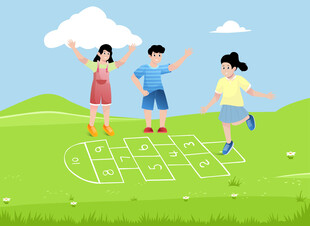 草地上的孩子玩跳房子游戏