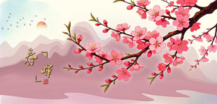 春日绽放的桃花花枝