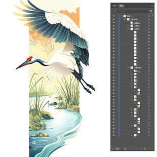 中式水墨仙鹤河畔图