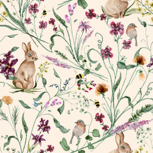 田园风花草兔子图案插画