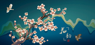 春日桃花飞鸟青山图景