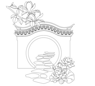 中式园林门洞荷花景致 矢量图