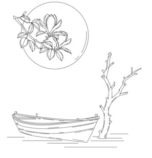 舟畔花枝图 矢量图