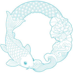 蓝白锦鲤花卉环形图案 矢量图