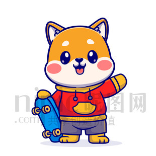 可爱柴犬持滑板打招呼