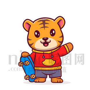 卡通小老虎持滑板形象