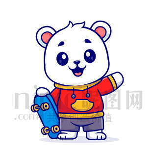可爱北极熊持滑板快乐招手