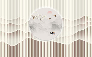 新中式格栅山水画壁纸背景墙