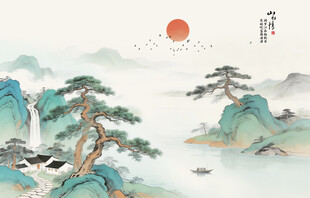 中式青绿古风古典山水画背景墙