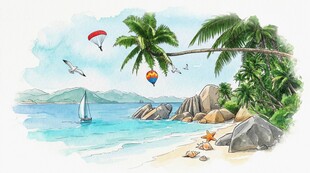热带海岛水彩画