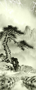水墨山水间的孤松