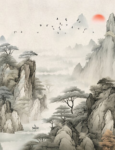 水墨山水间的诗意景致装饰背景墙