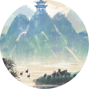 水墨山水间的古韵楼阁