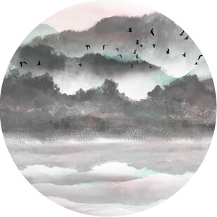 水墨山水云雾飞鸟图景
