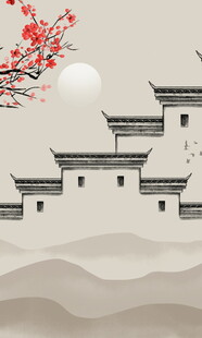 中式山水徽派建筑风景图
