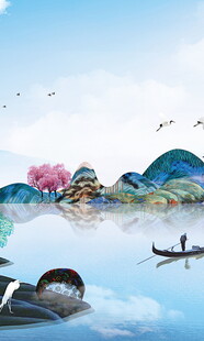 水墨山水间的孤舟美景