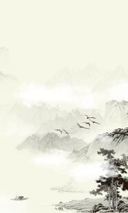 水墨山水间飞鸟伴松景
