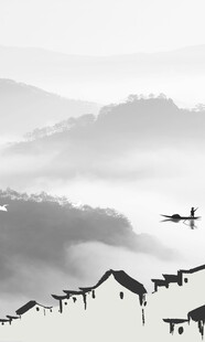 水墨山村孤舟穿行云雾间