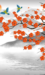 枝头飞鸟伴红枫美景