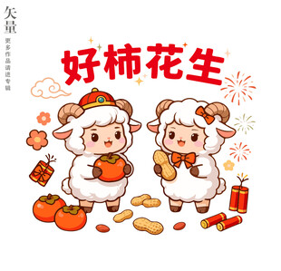 羊年好柿花生卡通插画装饰画