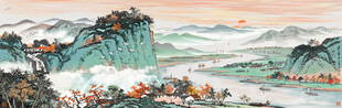 国画青绿山水丹顶鹤水墨画