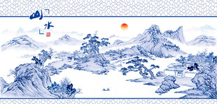 中式山水青花瓷风插画